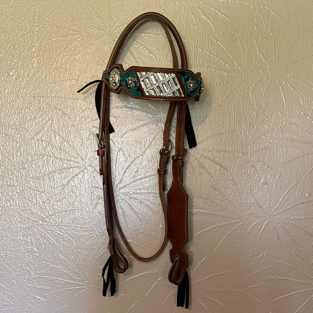 Brown Leather Weatern Headstall with Turquoise Accents